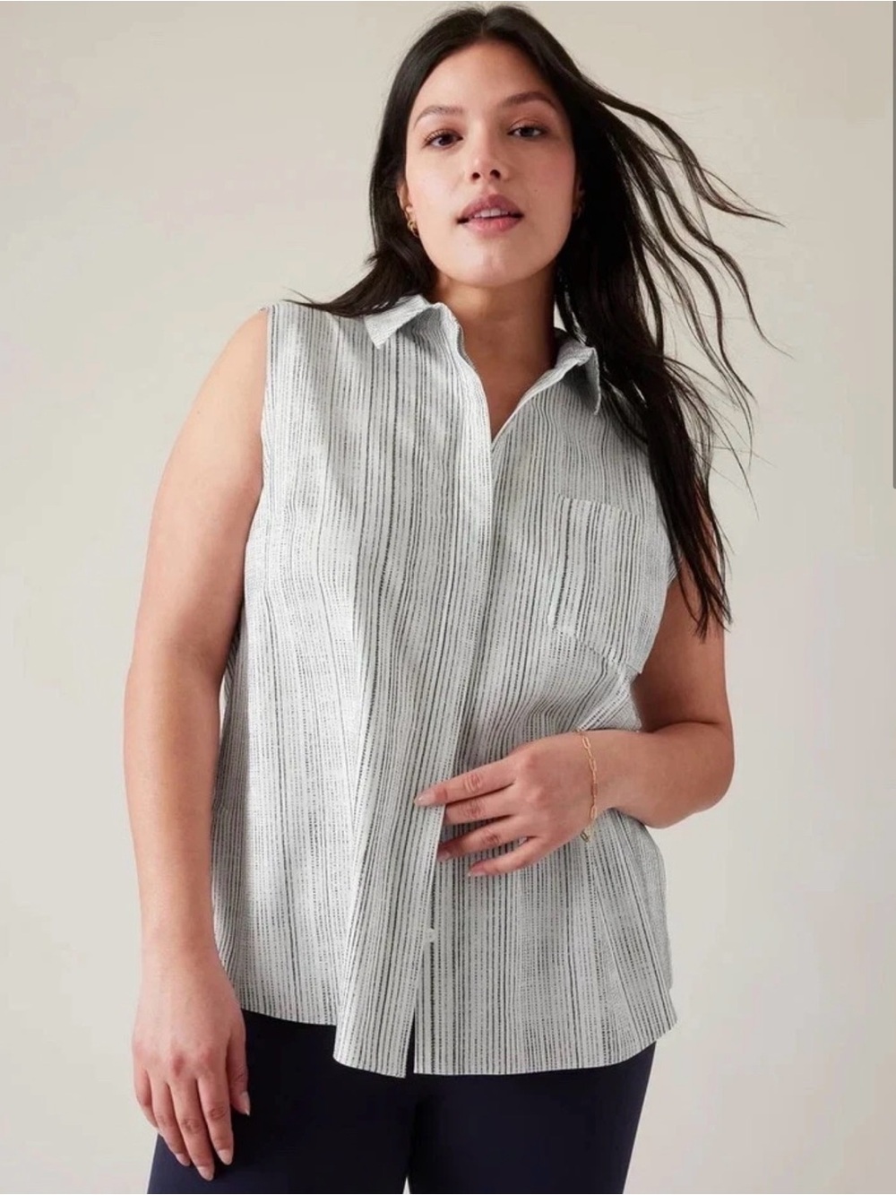 Athleta Sleeveless Collared Stripe Button-Front Top - White/Black